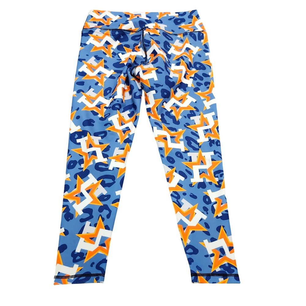 Three In Houston Astros Inspired Blue Leopard Star Logo Leggings XL High Rise
